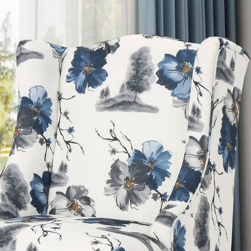 Beige +Blue Flower 28" High-Back Upholstered Club Chair