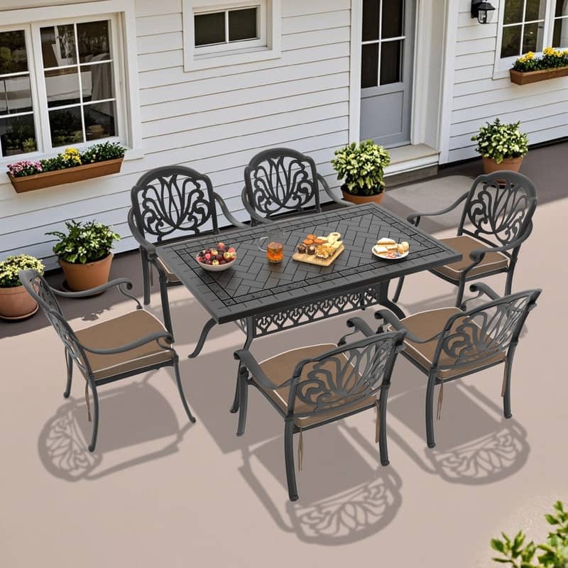 5/7-Piece Cast Aluminum Outdoor Dining Set with 59.06'' L X 35.43'' W Rectangular Table and Seat Cushions - Black( 7-Piece Sets-A)