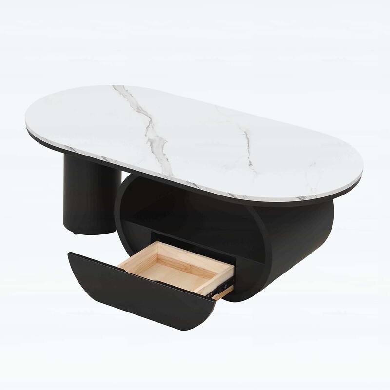 Modern Oval Coffee Table with Storage Drawer,Metal Frame for Living Room Elegance