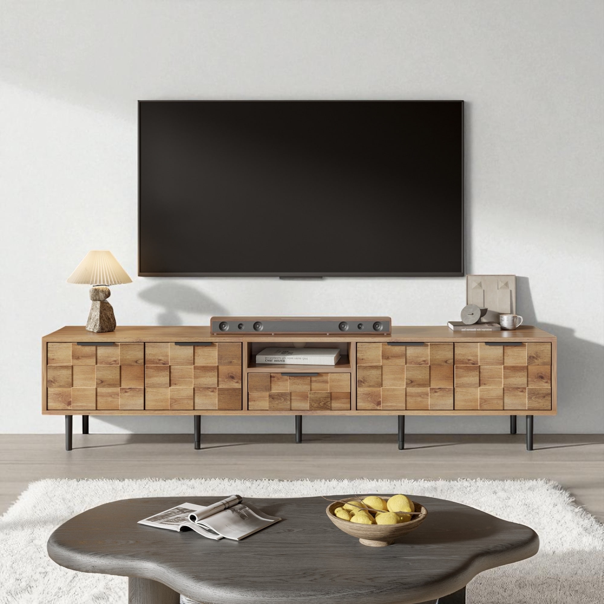 78" TV Stand for 85 Inch TVs, Mid Century Media Console with Checkered Doors, Drawer, Open Shelf, Wood Entertainment Unit