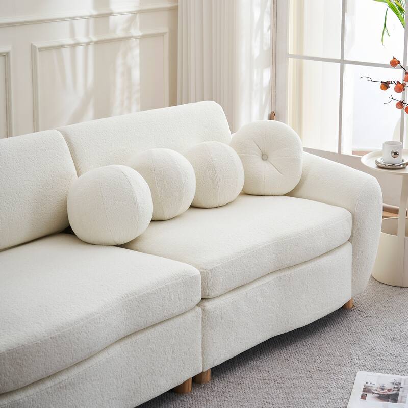 2-seater Loveseat Couch with 5 Toss Pillows and Solid Wood Legs, Chenille Upholstered Sectional Sofa, Easy Assembly,White