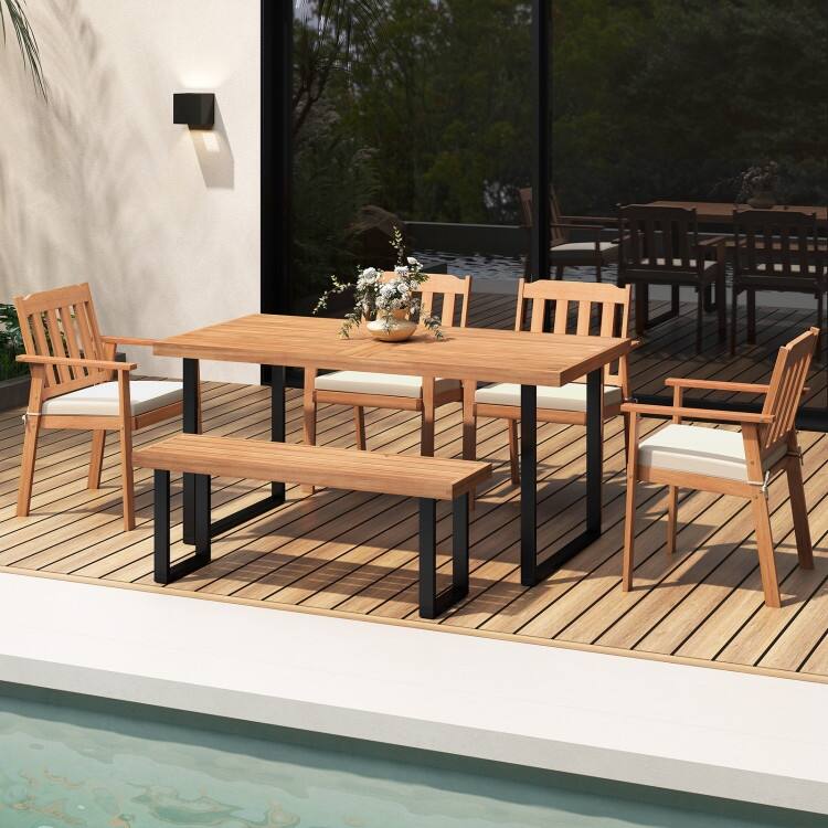 Natural-White Acacia Wood Patio Dining Chairs Set of 2 with Padded Cushions - 22.5" x 23" x 34"(L x W x H)