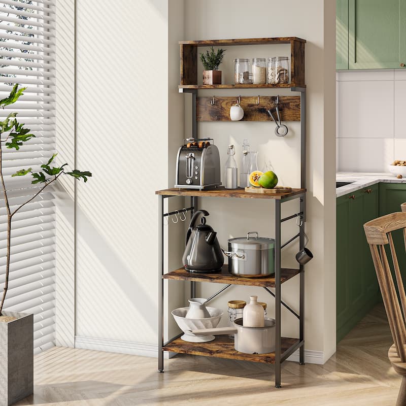 60 Inch Kitchen Baker's Rack with Hutch 8 Side Hooks - Without Outlet-Rustic Brown