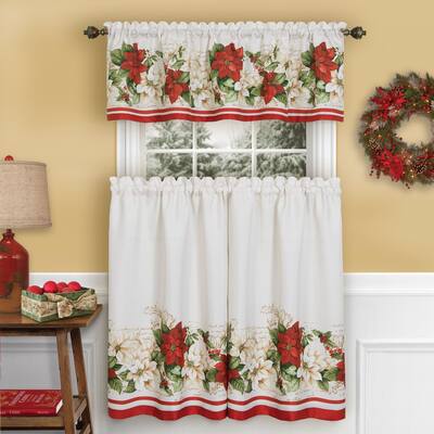 Red and White Poinsettia Kitchen Tiers and Valance Set
