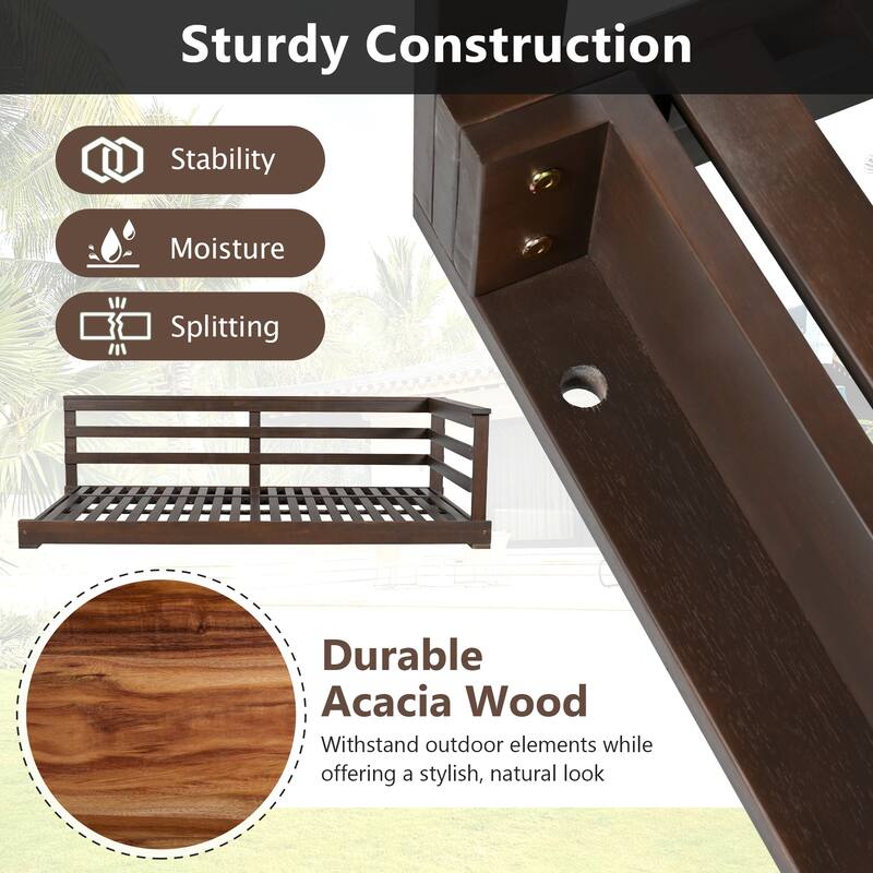 Country Style Acacia Wood Porch Swing Bed,Twin Size Outdoor Daybed with 4x 96" Hemp Ropes,Rustic Patio Hanging Swing for Garden