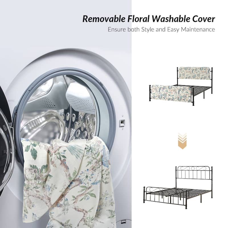 Diana Transitional 62" Floral Upholstered Platform Metal Bed Frame with Washable Slipcover by HULALA HOME