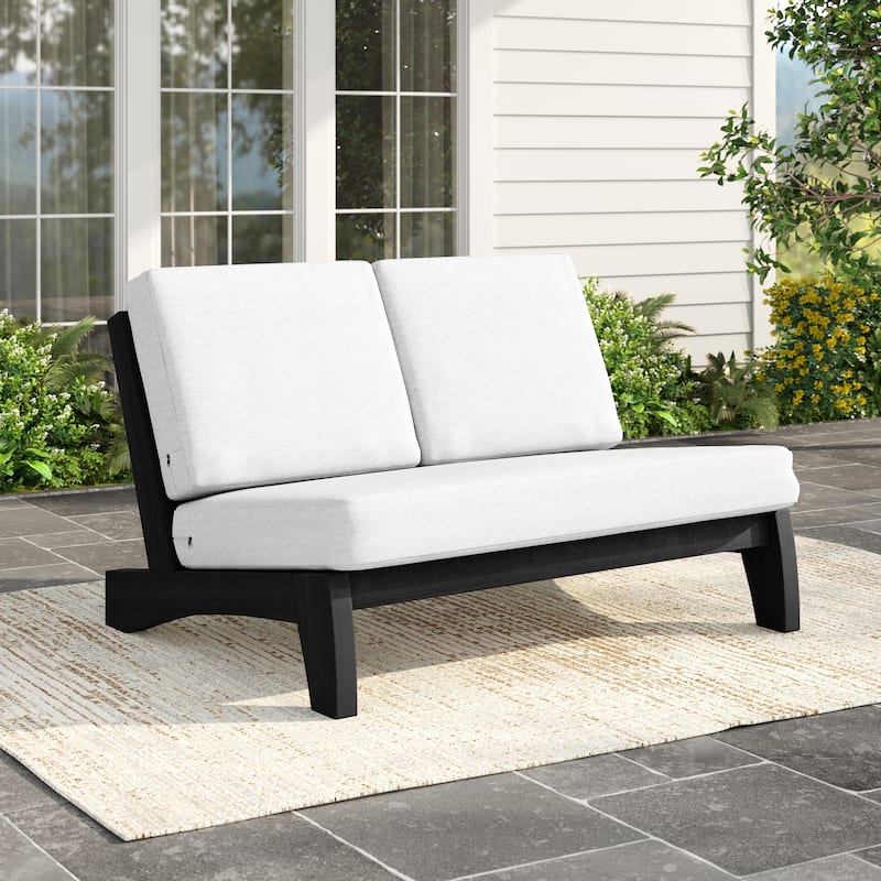 Outdoor Teak Wood Patio Loveseat with Cushions - Dark Wood - Beige