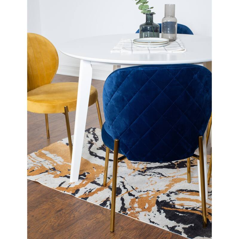 Stylish Dining Set with Round Table & 4 Velvet Yellow Blue Chairs