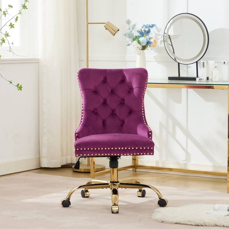 Roomfitters Velvet Tufted Office Chair, Adjustable Swivel Desk Chair with Gold Metal Base and Nailhead Trim - Purple
