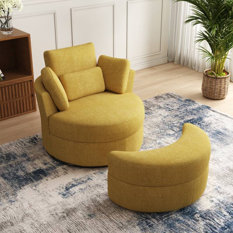 Oversized Upholstered Swivel Barrel Chairs with Storage Ottoman - Mustard