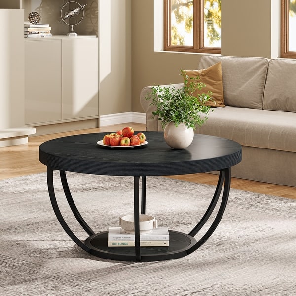 slide 2 of 10, 31.7" Round Coffee Table, Rustic 2-Tier Center Table with Storage Open Shelves Black