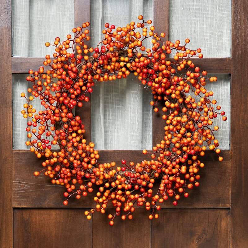 18" Red Orange Berries Artifical Fall Harvest Twig Wreath, 18", Unlit