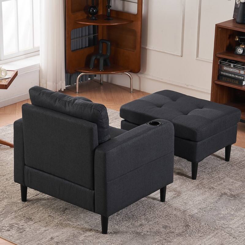 Living Room Upholstered Chair with Ottoman Set,Single Sofa with Cup Holders and Ottoman Storage