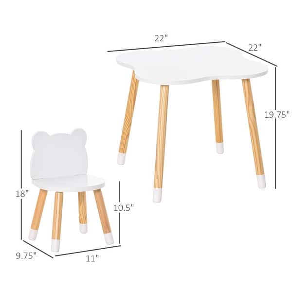 Qaba 3 Pieces Table and Chair Sets Children Dining Table Cute Bear Shape with Rounded Corners for 1-4 years, White