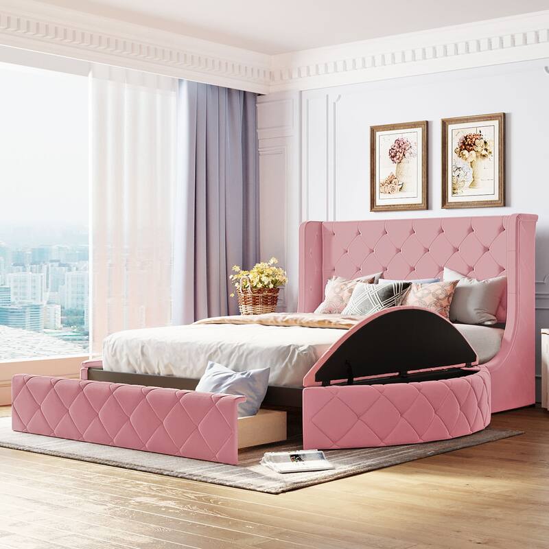 Low Profile Bed Queen Size Velvet Upholstered Platform Bed with Wingback Headboard, Big Drawer and 2 Semicircle Side Stools - Pink - Queen