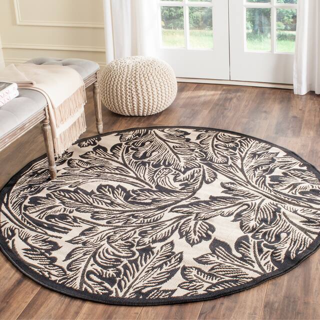 SAFAVIEH Courtyard Bettyjane Tropical Leaves Indoor/ Outdoor Area Rug - 5'3" x 5'3" Round - Sand/Black