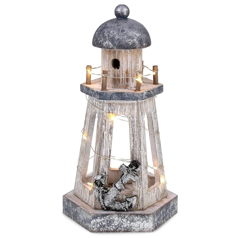 CoTa Global Silver Sea Nautical Wooden Lantern Lighthouse w/ LED Light - 8.8″Lx4.8″Wx4.3″H