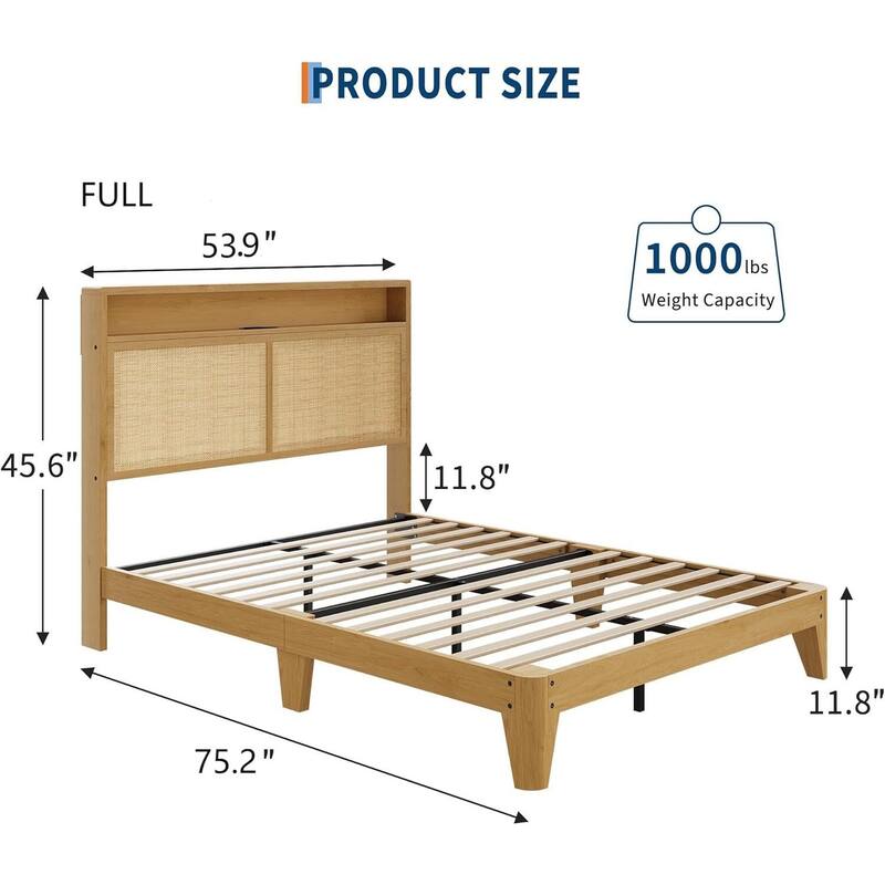Rattan Bed Frame, with LED Lights & Charging Station