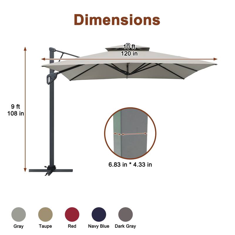 10ft Patio Square Patio Cantilever Umbrella With Crank(Without Base)