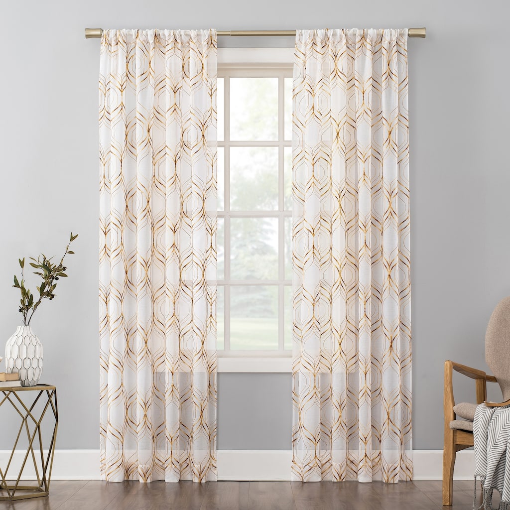 No. 918 Raina Space Dyed Trellis Embroidery Sheer Rod Pocket Curtain Panel, Single Panel