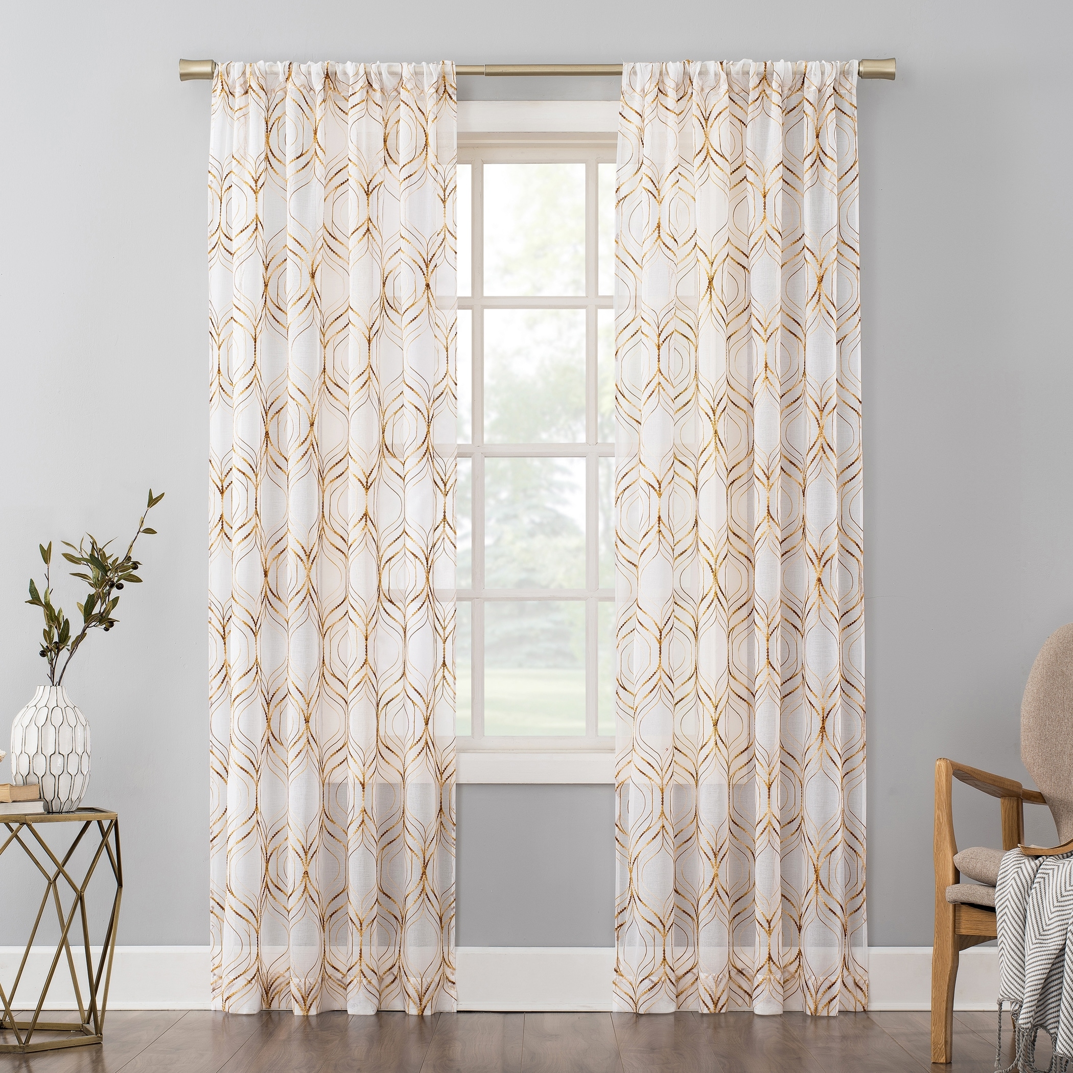 No. 918 Raina Space Dyed Trellis Embroidery Sheer Rod Pocket Curtain Panel, Single Panel