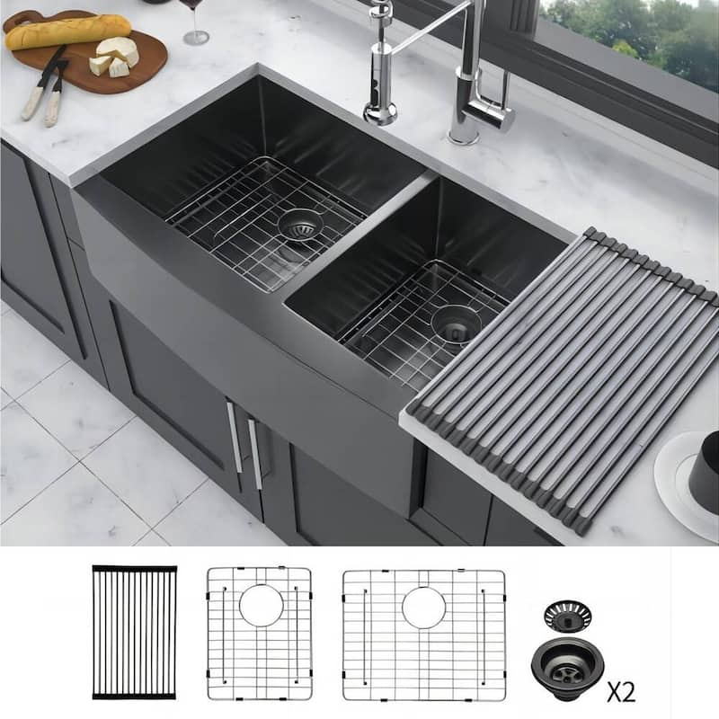 33 in 36 in Gunmetal Black Double Bowl (60/40) Apron Front Kitchen Sink