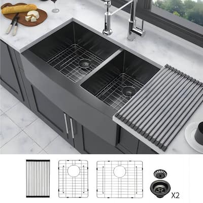 33 in 36 in Gunmetal Black Double Bowl (60/40) Apron Front Kitchen Sink