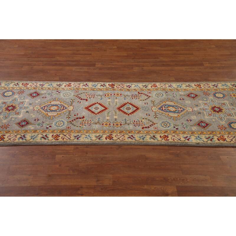 Geometric Kazak Runner Rug Handmade Grey Wool Carpet - 2'8" x 16'3"