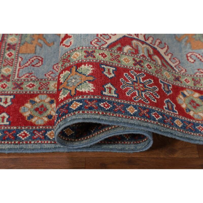 Light Blue Geometric Kazak Rug Handmade Traditional Wool Carpet - 3'0" x 4'11"