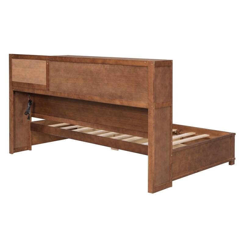 Twin/Full Size Wood Daybed Frame with Storage Drawers, Shelves and Charging Station