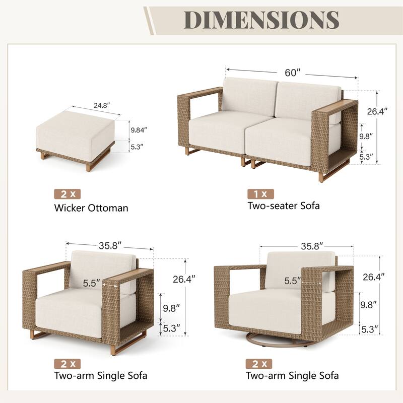 MAISON ARTS Modular Rattan Patio Sofa Set, All-Weather PE Wicker 4/6/8-Seat Sectional, Stationary or Swivel Chairs
