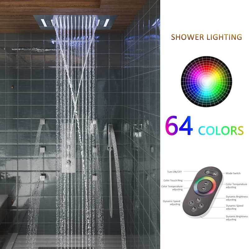 Luxury 4-Spray Patterns 23 in. Ceiling Mount Shower System with Handheld Shower Head, 6 Body Jets, LED, and Music - 15" x 23"
