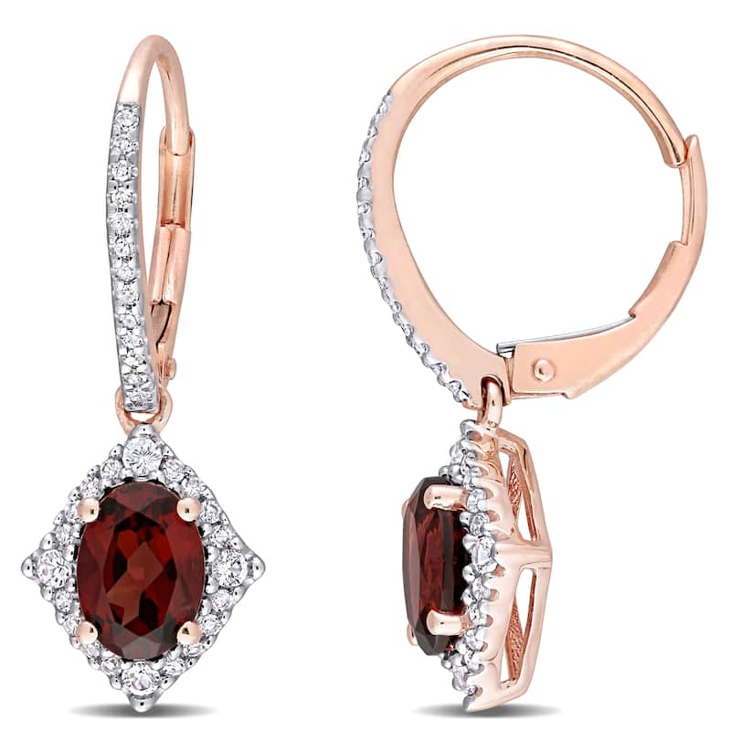 Miadora 10k Rose Gold Garnet, White Sapphire and 1/5ct TDW Diamond Halo Leverback Earrings - 25.6mm x 9.6mm x 13.7mm