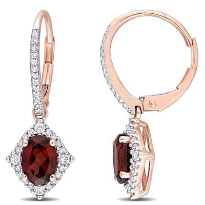 Miadora 10k Rose Gold Garnet, White Sapphire and 1/5ct TDW Diamond Halo Leverback Earrings - 25.6mm x 9.6mm x 13.7mm