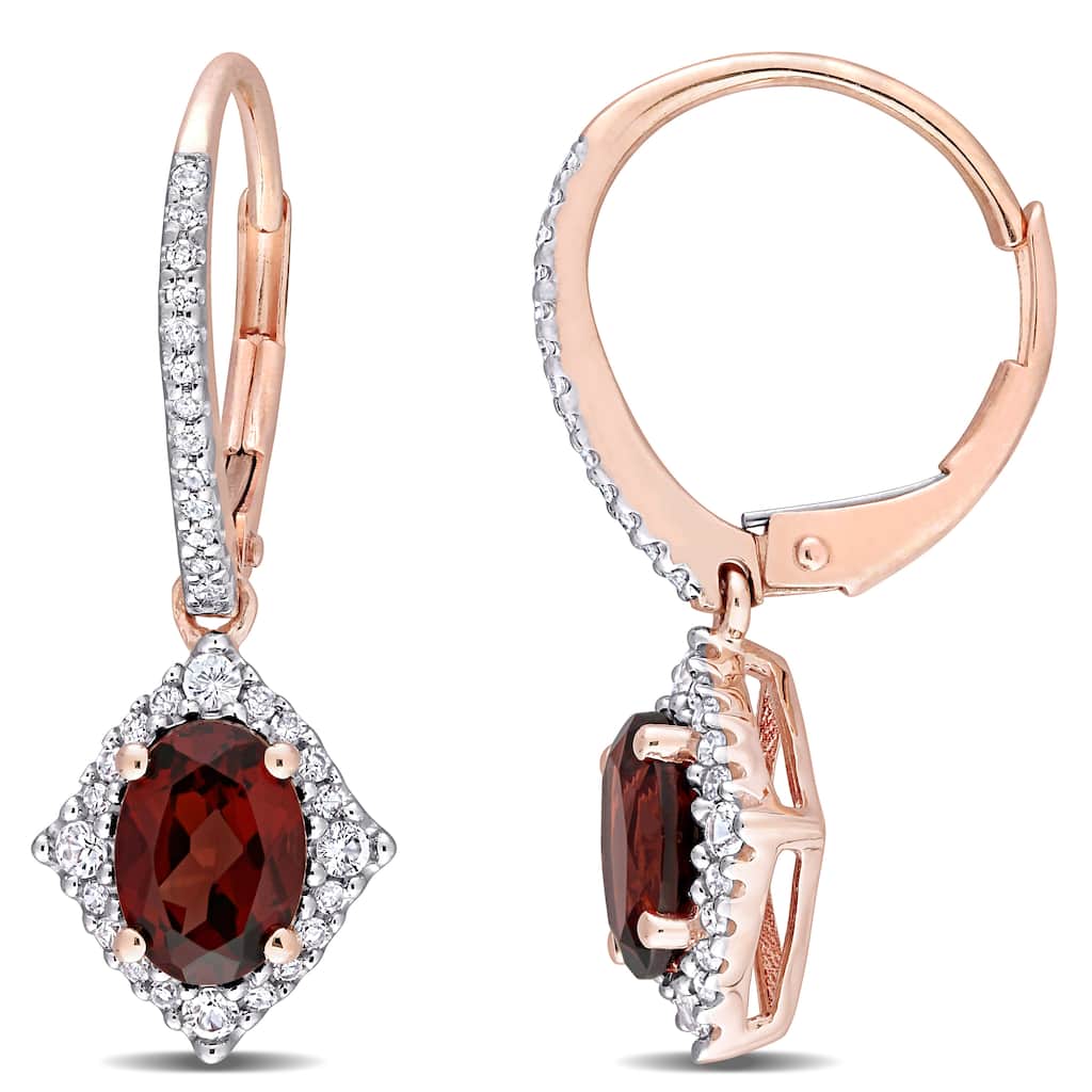 Miadora 10k Rose Gold Garnet, White Sapphire and 1/5ct TDW Diamond Halo Leverback Earrings - 25.6mm x 9.6mm x 13.7mm