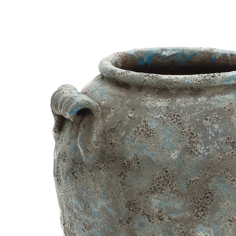 Antiqued Blue & Brown Terracotta Vase with Handles, Vintage Pottery
