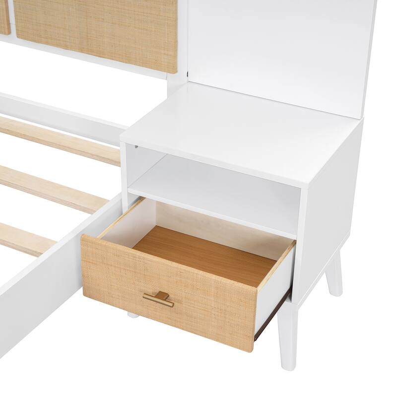 Queen Size Bed Frame, Nightstands & Headboard 3 in 1 Slats Platform Bed with Drawers and Lamps, Rattan Design for Bedroom