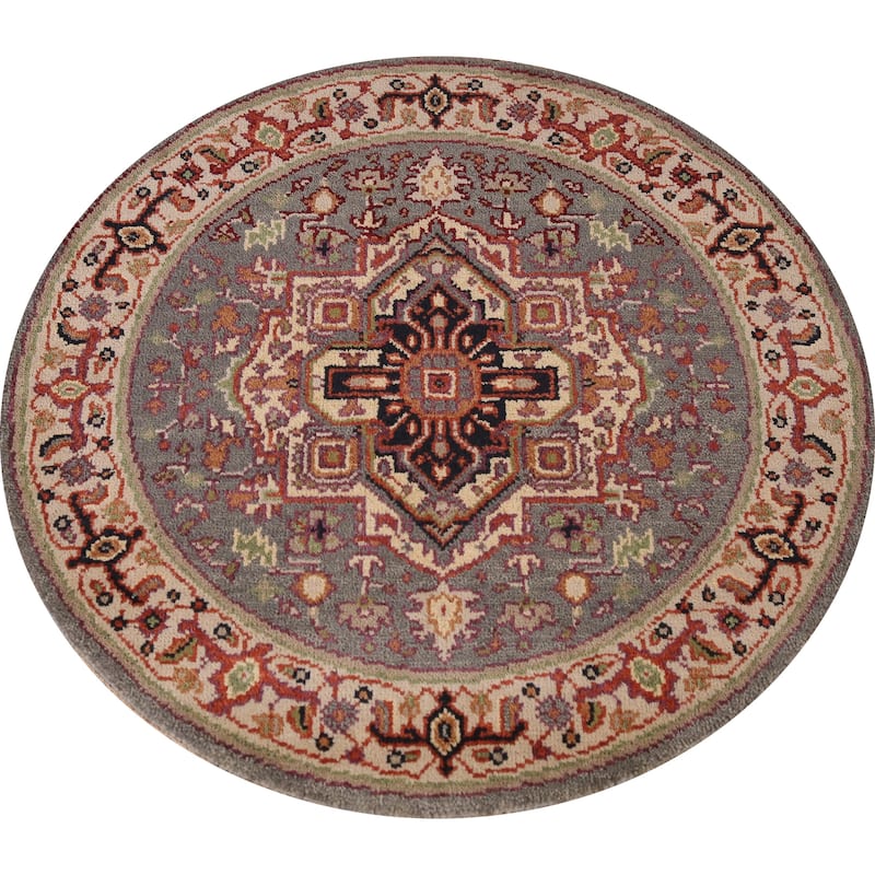 Medallion Heriz Serapi Indian Round Rug Handmade Wool Carpet - 3'10" x 3'10"