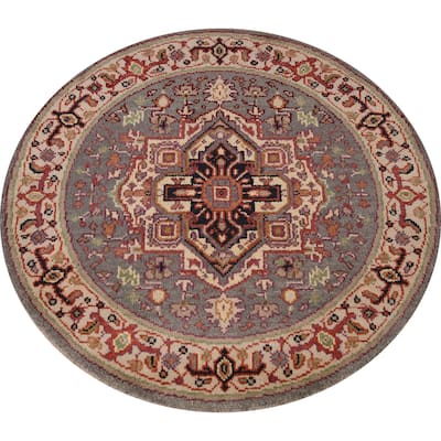Medallion Heriz Serapi Indian Round Rug Handmade Wool Carpet - 3'10" x 3'10"