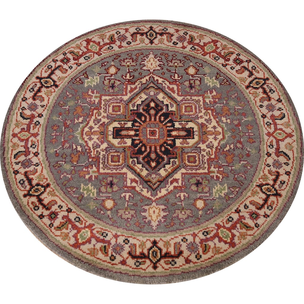 Medallion Heriz Serapi Indian Round Rug Handmade Wool Carpet - 3'10" x 3'10"