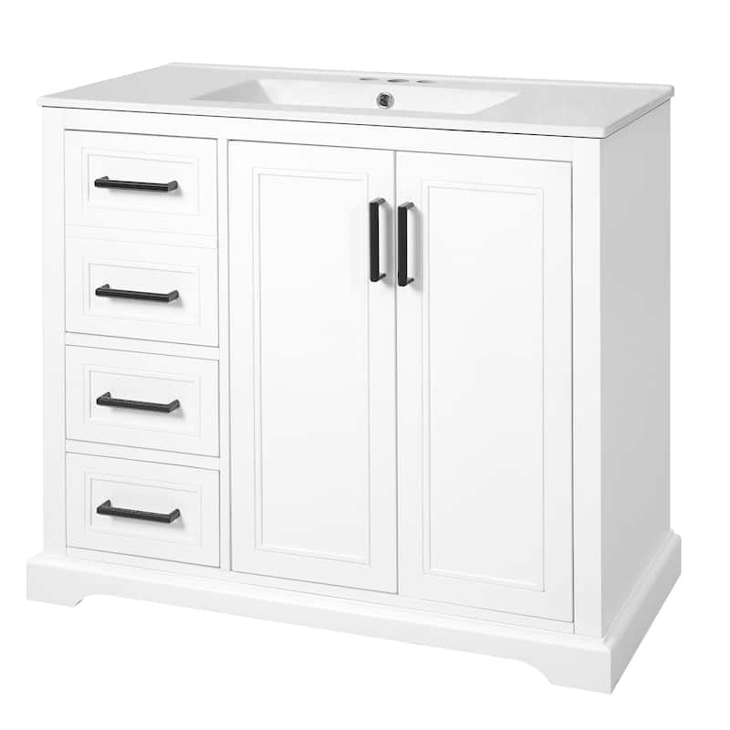 Bathroom Vanity with Ceramic Sink, Double Door Storage Cabinet, Adjustable Shelf & 3 Drawers, Multipurpose Vanity Set