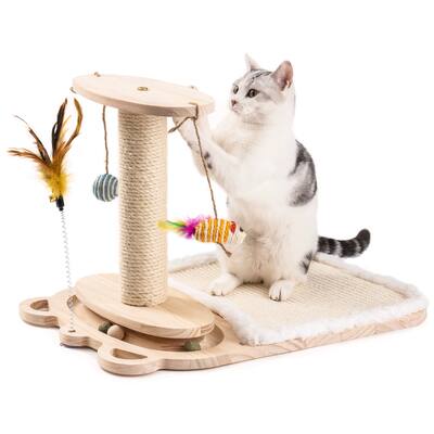 Cat Toys 1 Tier Turntable with Toy Ball Cat Self Hi Toy Sisal Wrapped Cat Tree with Feather Stick