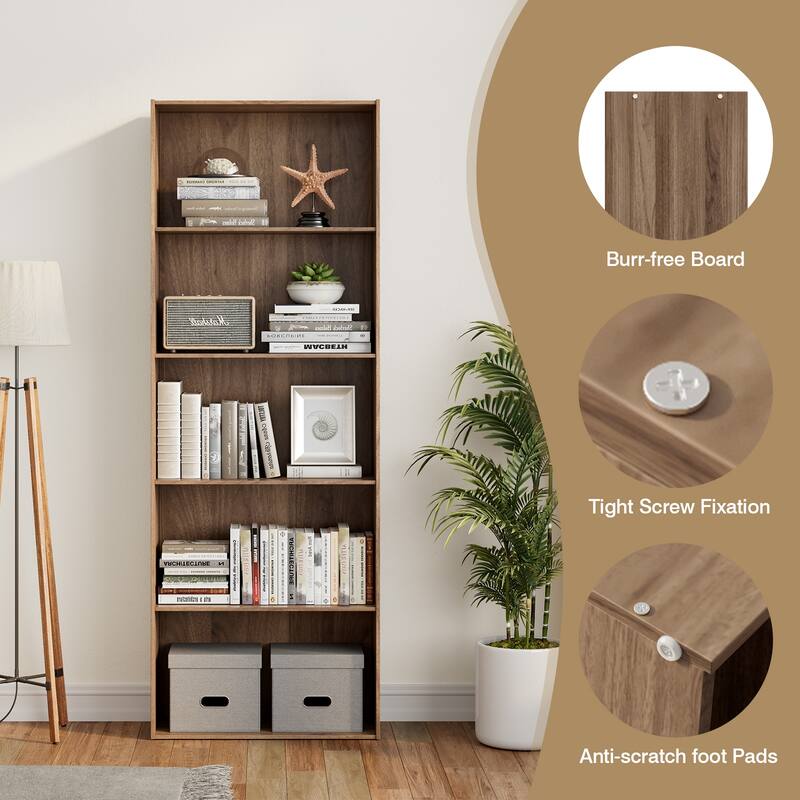 5-Shelf Multi-Functional Wood Bookcase for Home Office - 23.5" x 9.5" x 67"
