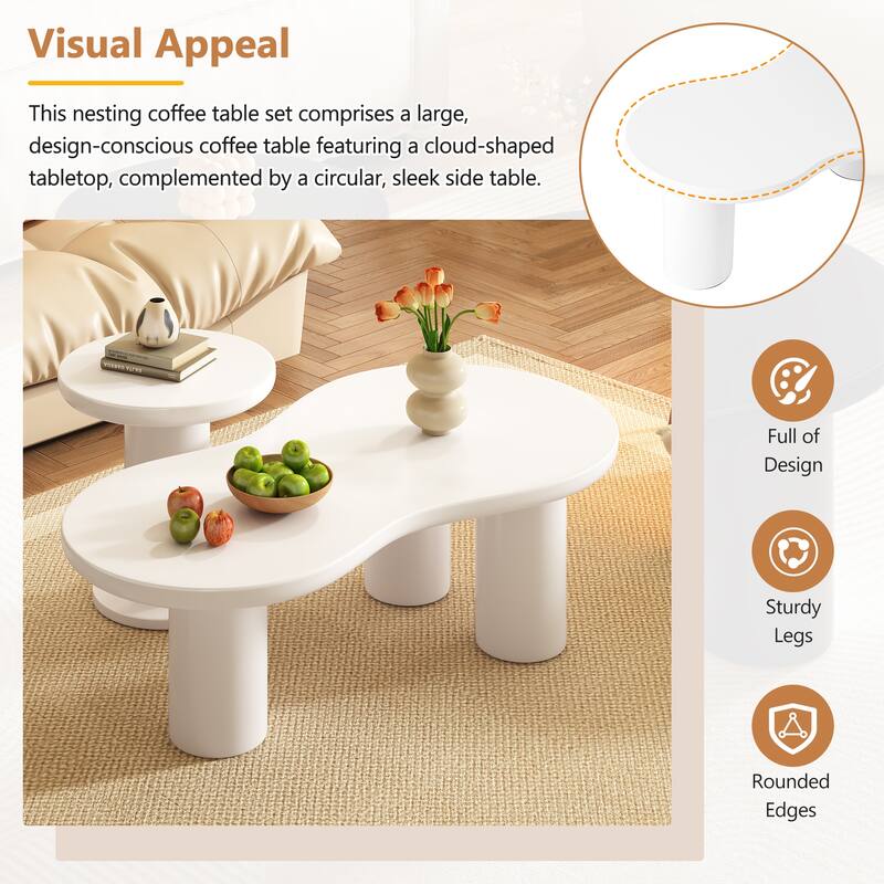Modern Nesting Coffee Table Clouds Coffee Table Round Small Side Table with Thick Legs for Living Room 2-Piece Set