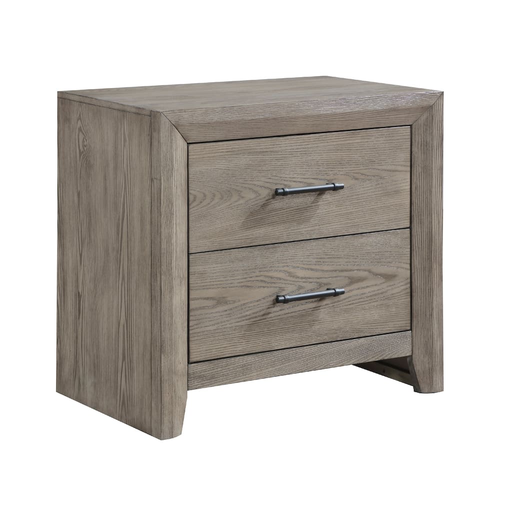 Laso Nightstand, 2 Drawers w Metal Handles, 28 Inch, Gray Acacia Wood