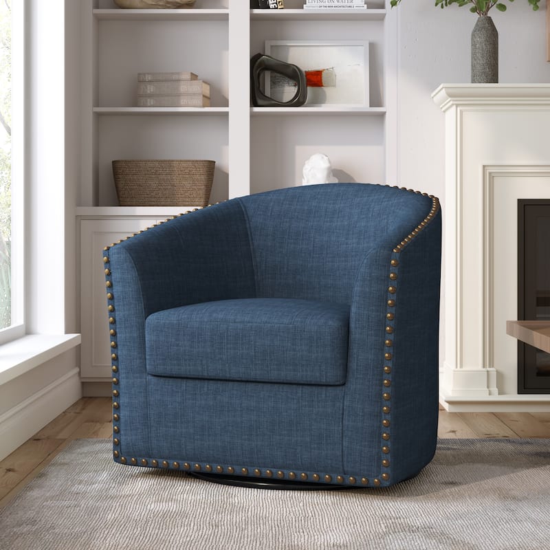 Modern Nailhead Upholstered Linen Swivel Accent Chair - Blue