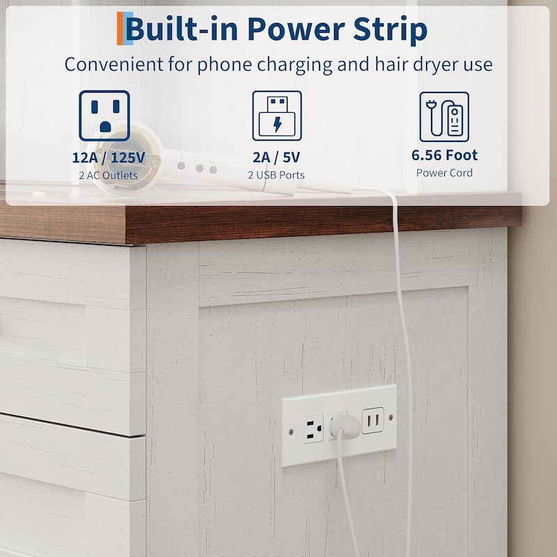 Farmhouse Makeup Vanity Desk with Stool, Mirror and Lights & Power Outlet