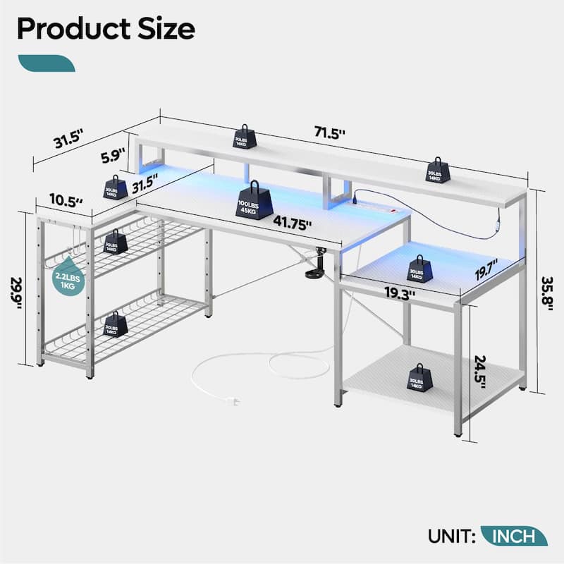 Bestier 71.5“” Computer Desk with Power Outlets, L Shaped LED Home Office Desk with Long Monitor Stand and Cup Holder & Hooks