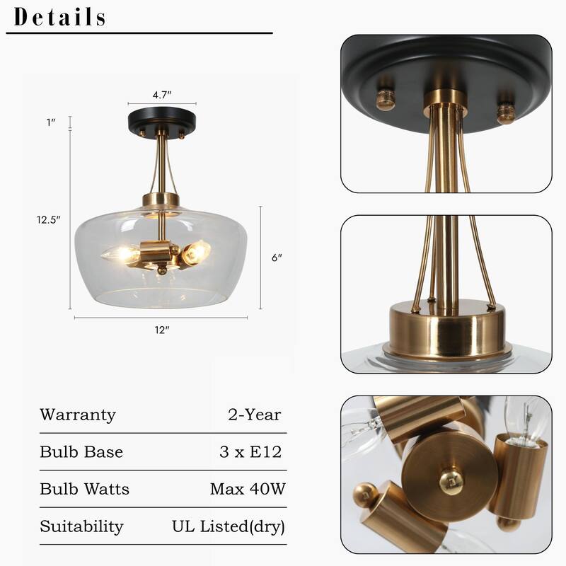 Zelena Modern Farmhouse 3-Light Black Gold Bowl Glass Semi-Flush Mount Kitchen Ceiling Light
