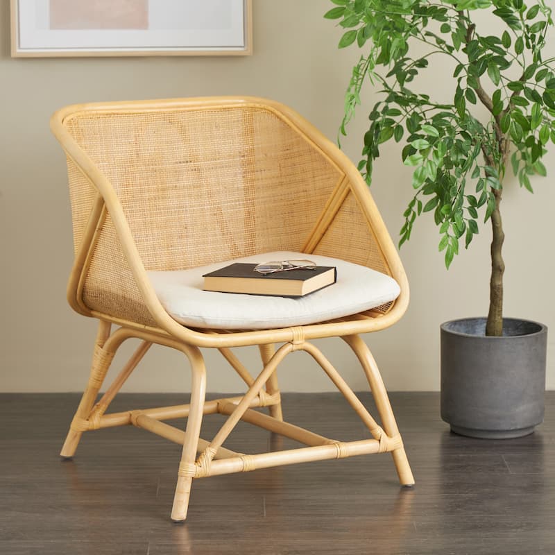 Rattan Woven Squared Accent Chair with White Fabric Cushion - Light Brown - Roche River Decor